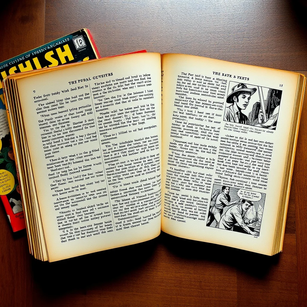 Open vintage pulp magazine showing illustrated interior pages and colorful cover art on wooden table