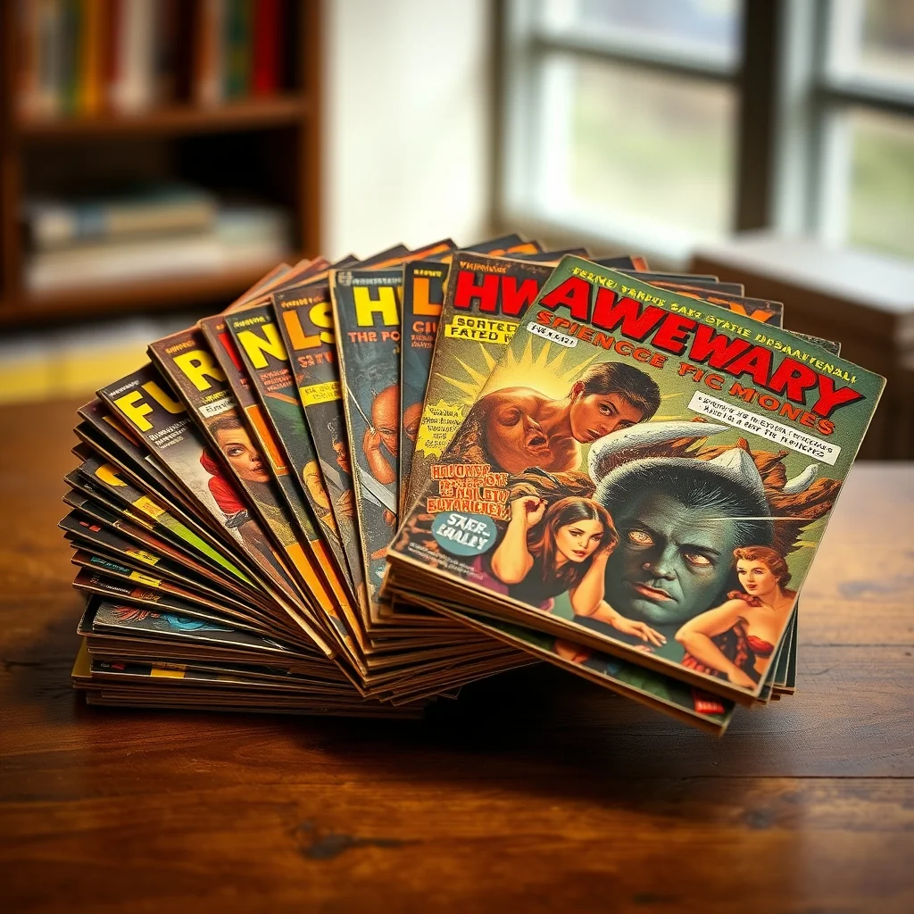 Stack of vintage pulp magazines with colorful illustrated covers on wooden surface, product photograph