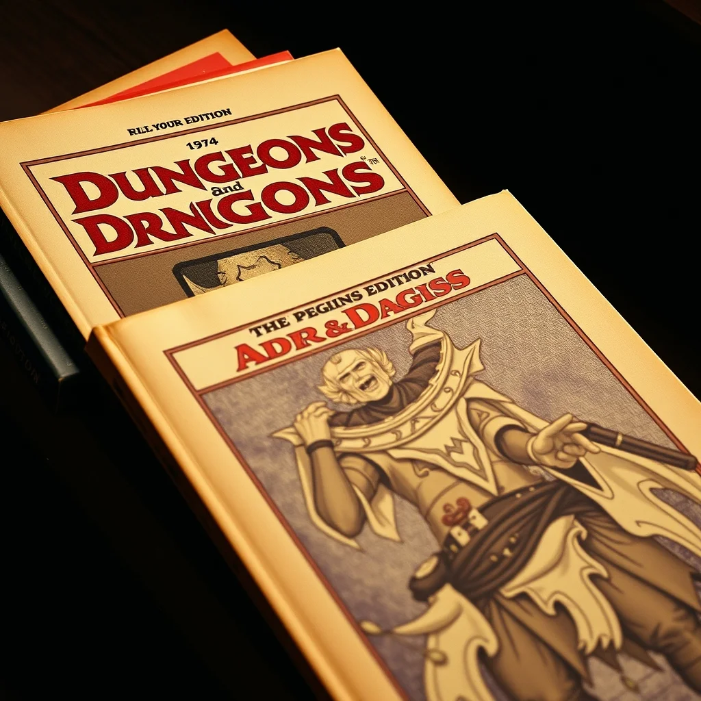 Stack of vintage TSR Dungeons and Dragons rulebooks including woodgrain box set, editorial product photograph