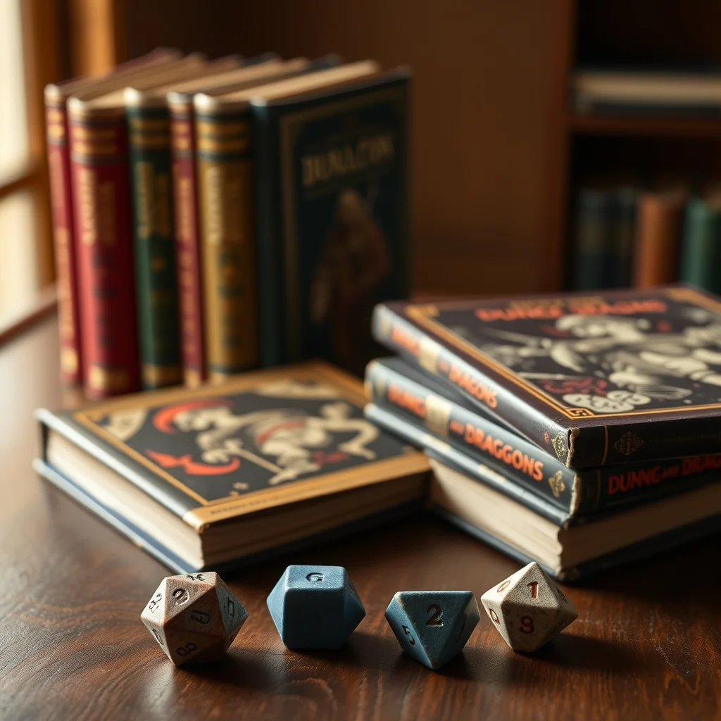 Vintage TSR Dungeons and Dragons rulebooks and dice on wooden surface, editorial product photograph