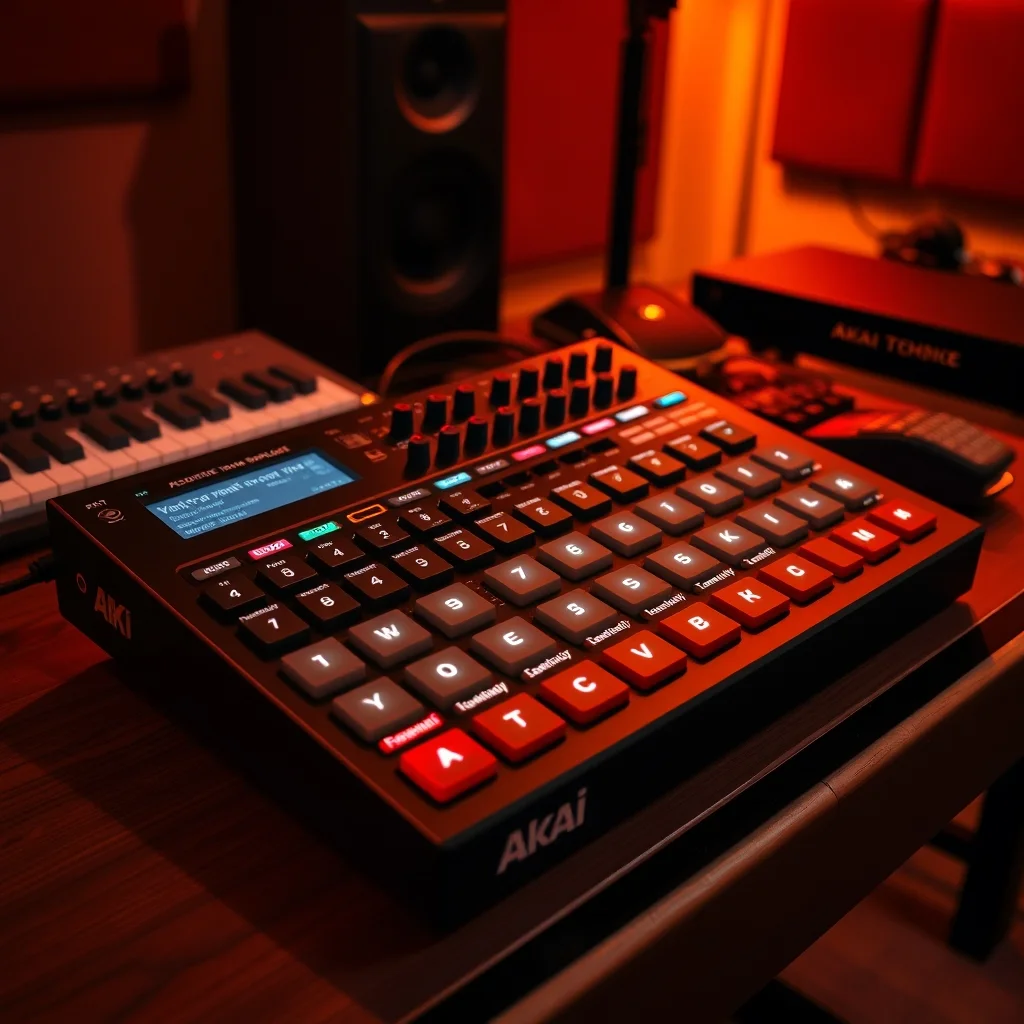 Akai MPC60 hardware sampler on studio desk, close-up product photograph