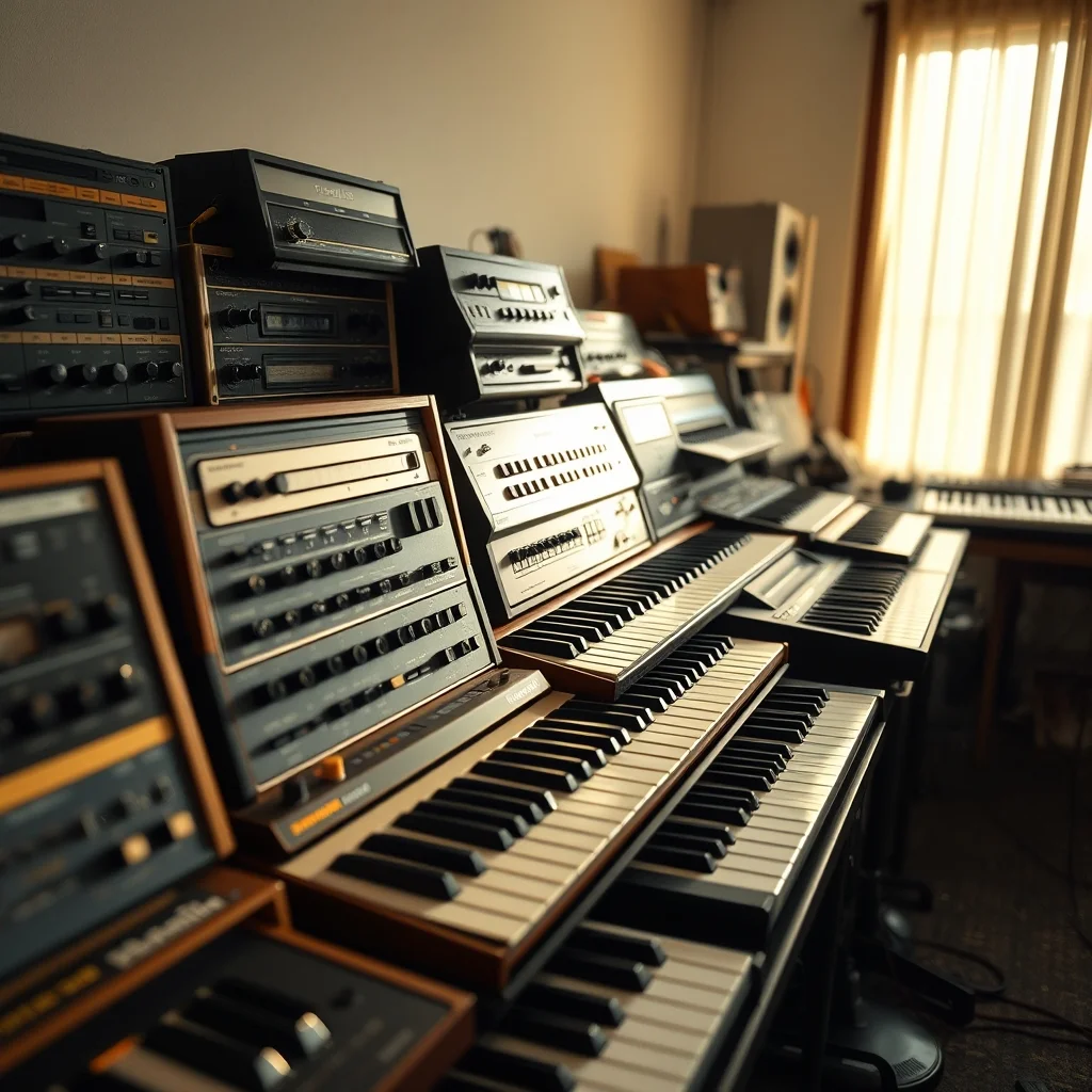 Row of vintage synthesizers including polyphonic keyboards