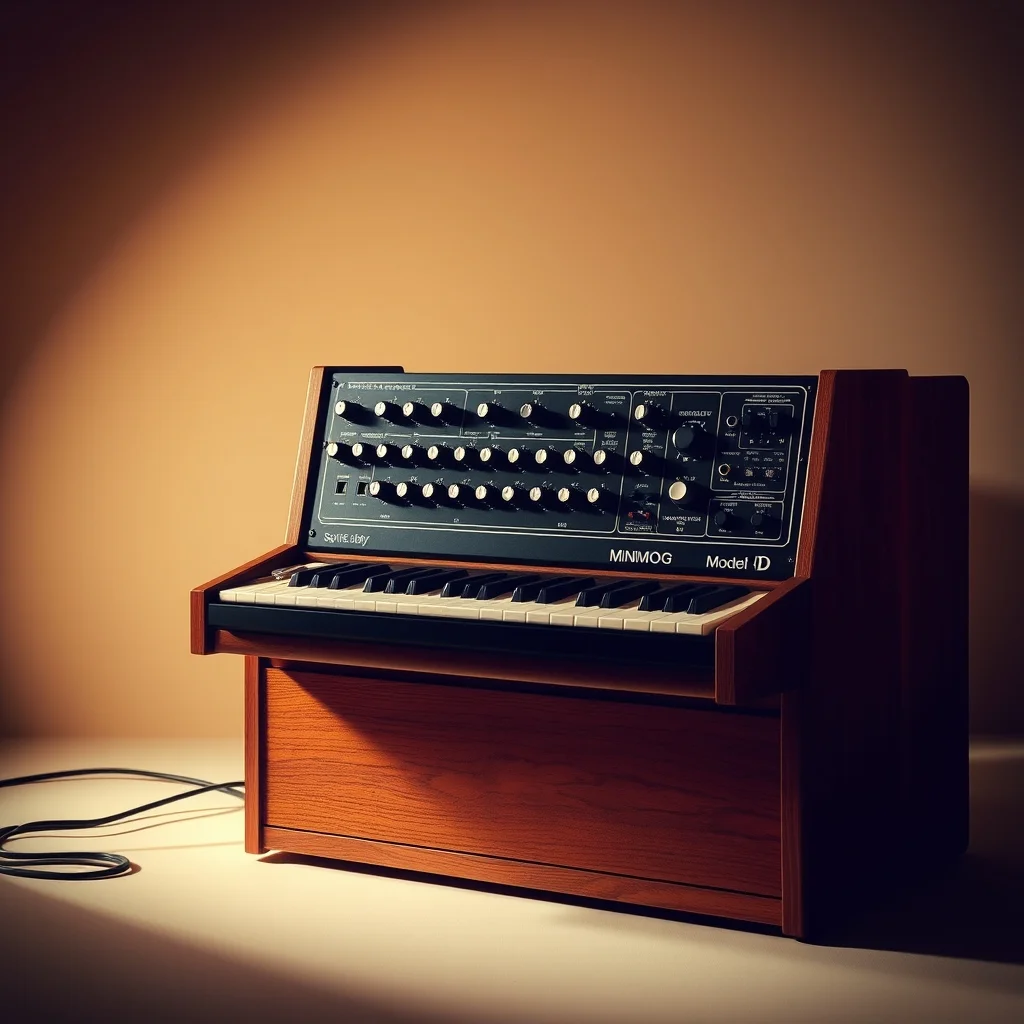 Vintage Minimoog Model D synthesizer, studio product photograph