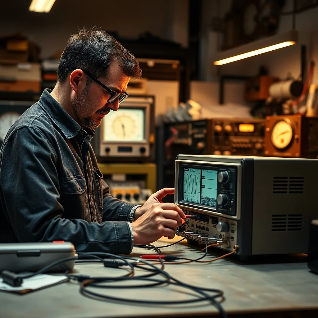 Tektronix 7000-series oscilloscope mainframe with plugins on a clean lab bench, editorial product photograph