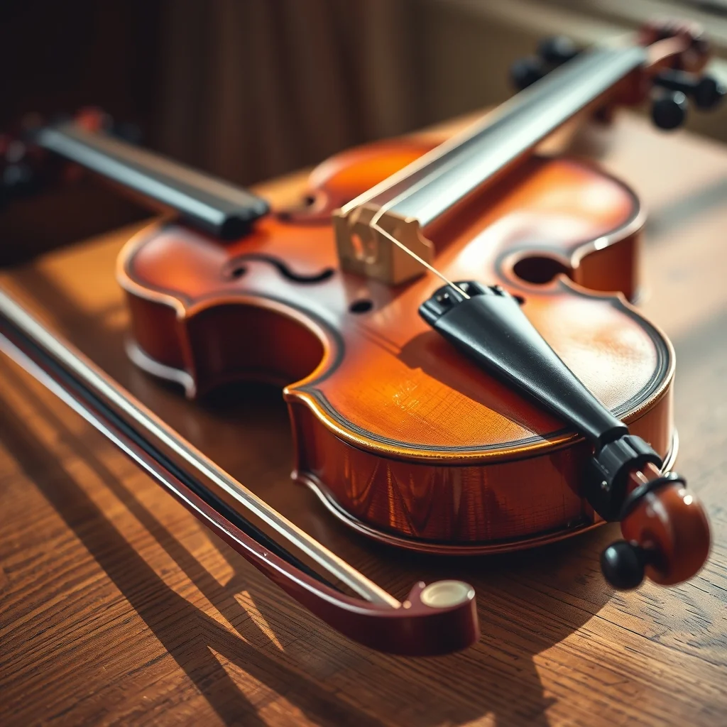 Violin with bow laid across open case, product photograph