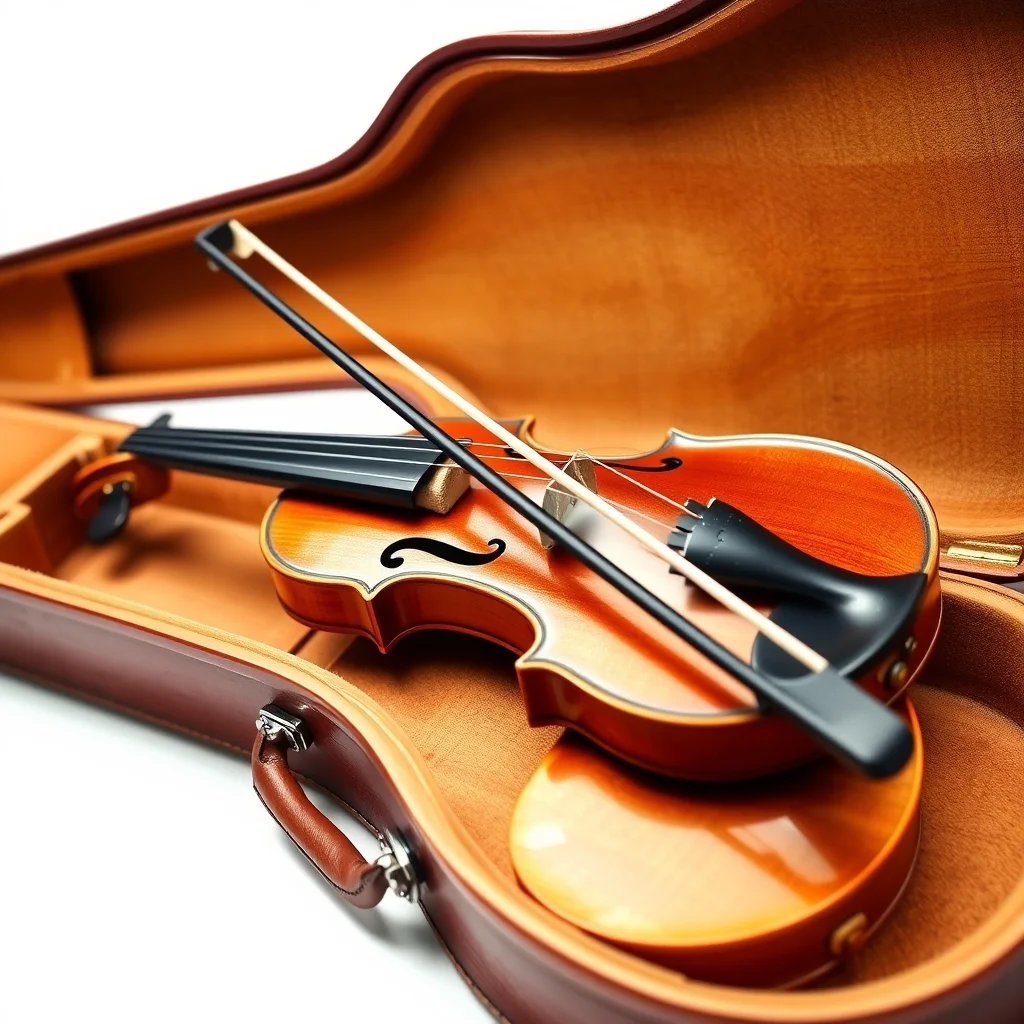 Student violin with bow on wooden surface, product photograph