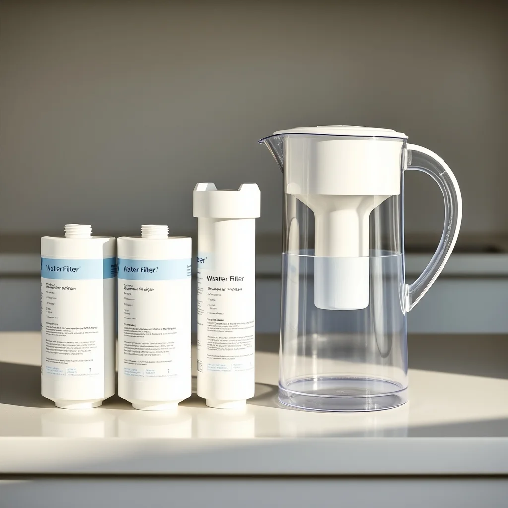 Water filter pitcher and replacement filters on a clean countertop, product photograph