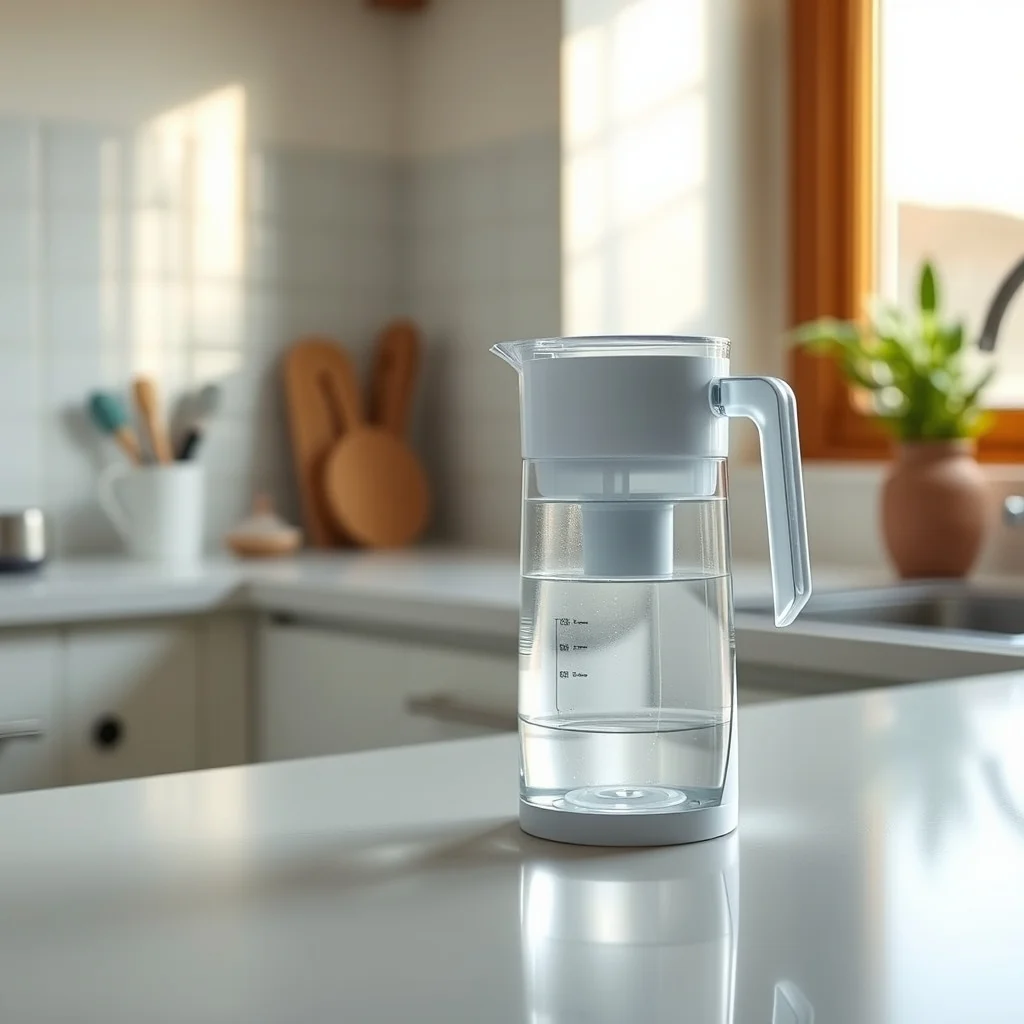 Water filter pitcher on a kitchen counter, clean product photograph