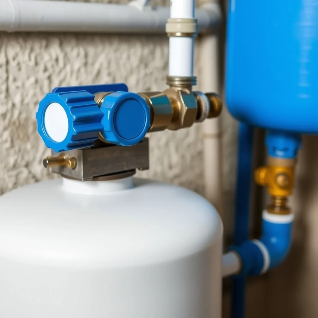 Water softener mineral tank and brine tank installed next to water heater, product photography