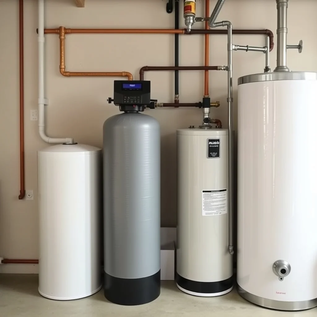 Whole-house water softener system with brine tank in utility room, product photography
