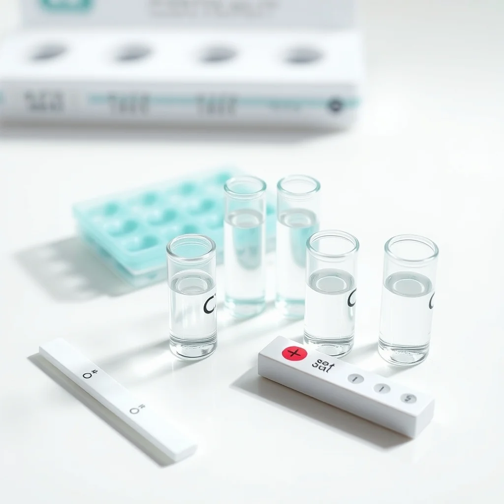 Water test strips and laboratory vials on a clean white surface, product photograph