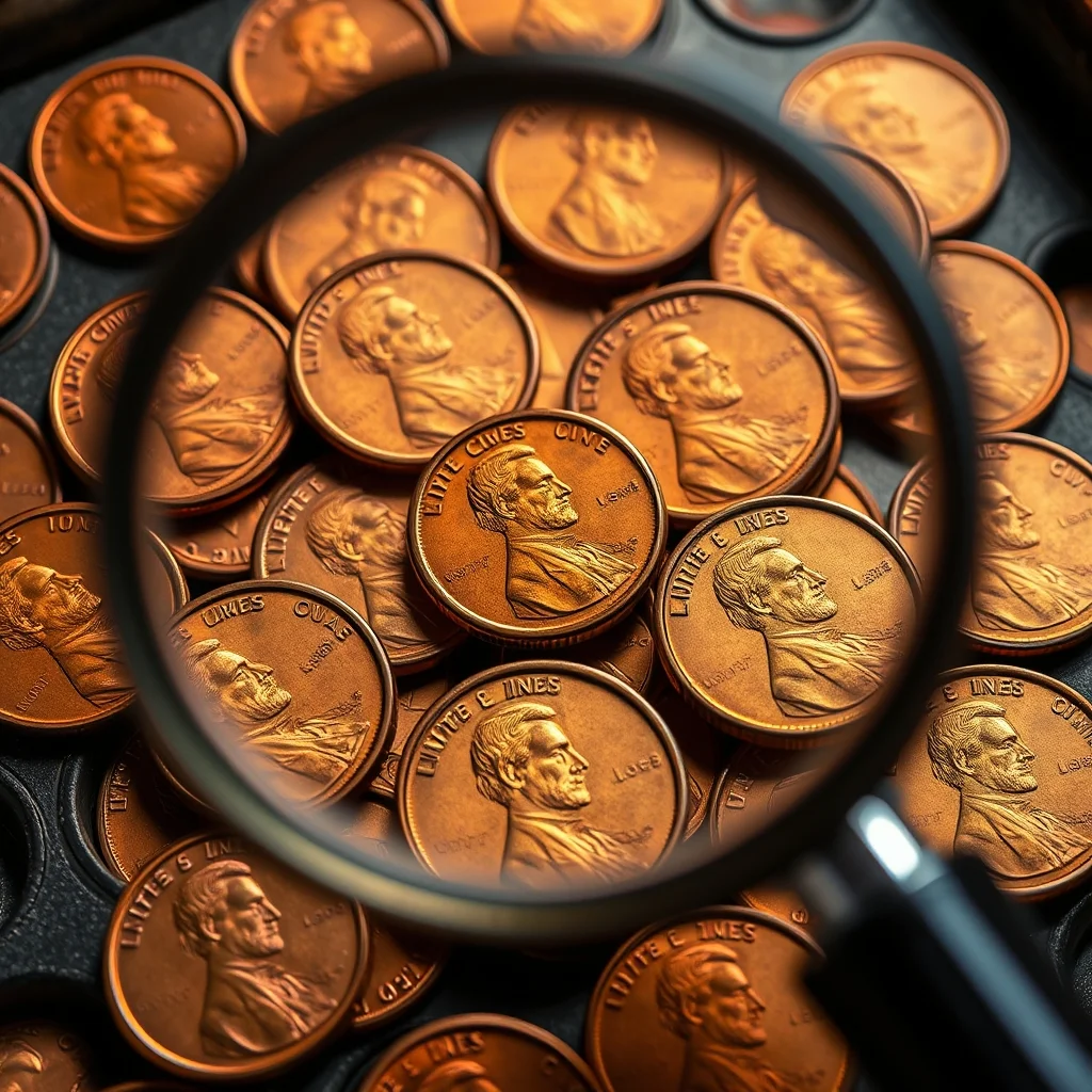 Lincoln wheat pennies on collector tray with magnifying glass