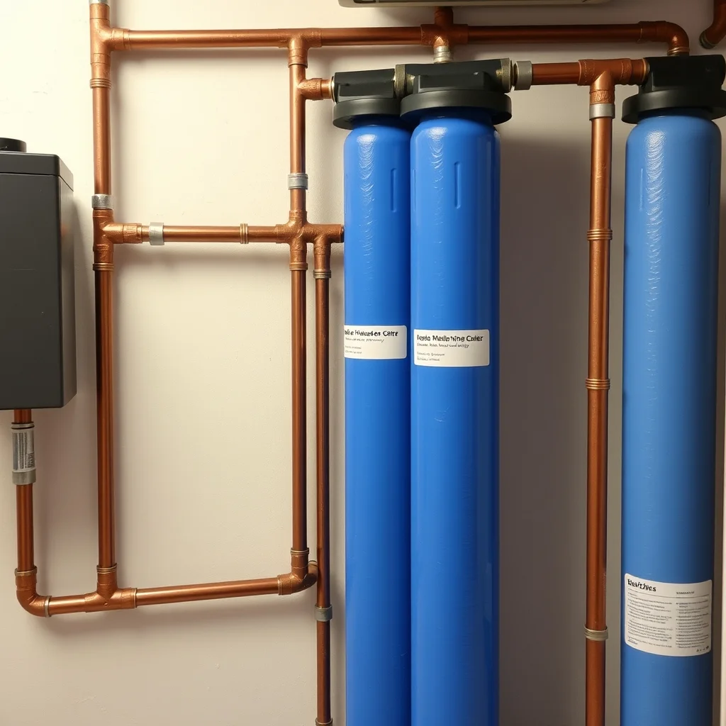 Whole-house water filter system with multiple housings installed on a utility room pipe, product photograph