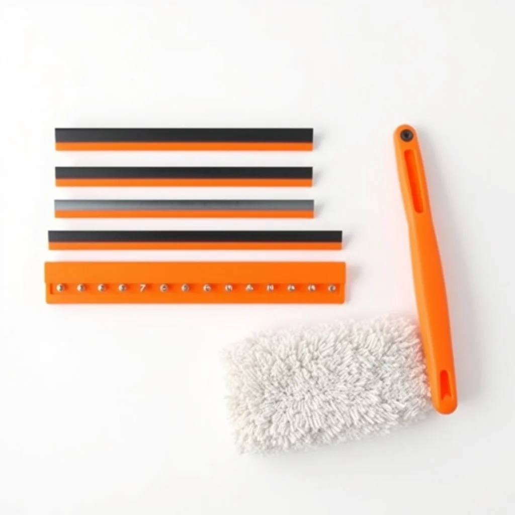 Professional window squeegee channels and T-bar scrubber handles laid out on white surface, product photography