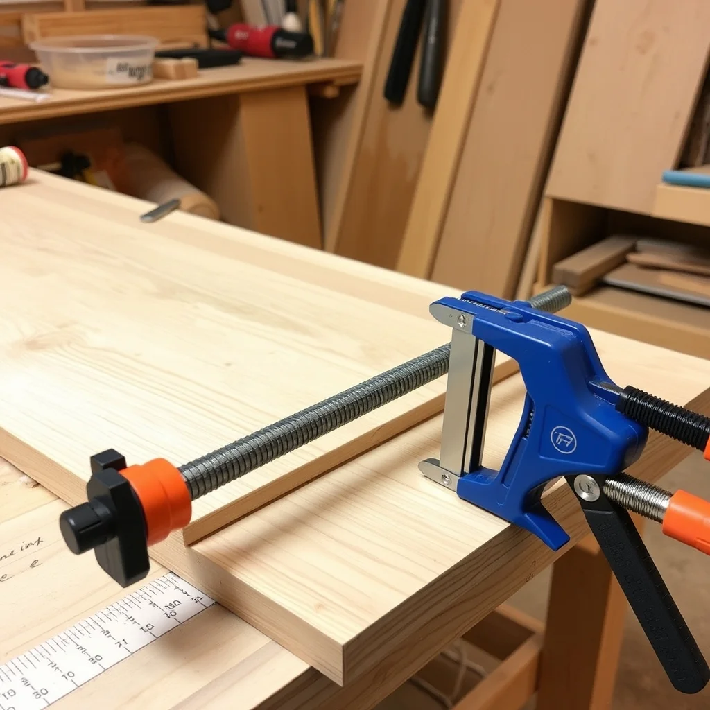 Parallel clamps holding a glued panel glue-up on a flat workbench in a clean woodworking shop