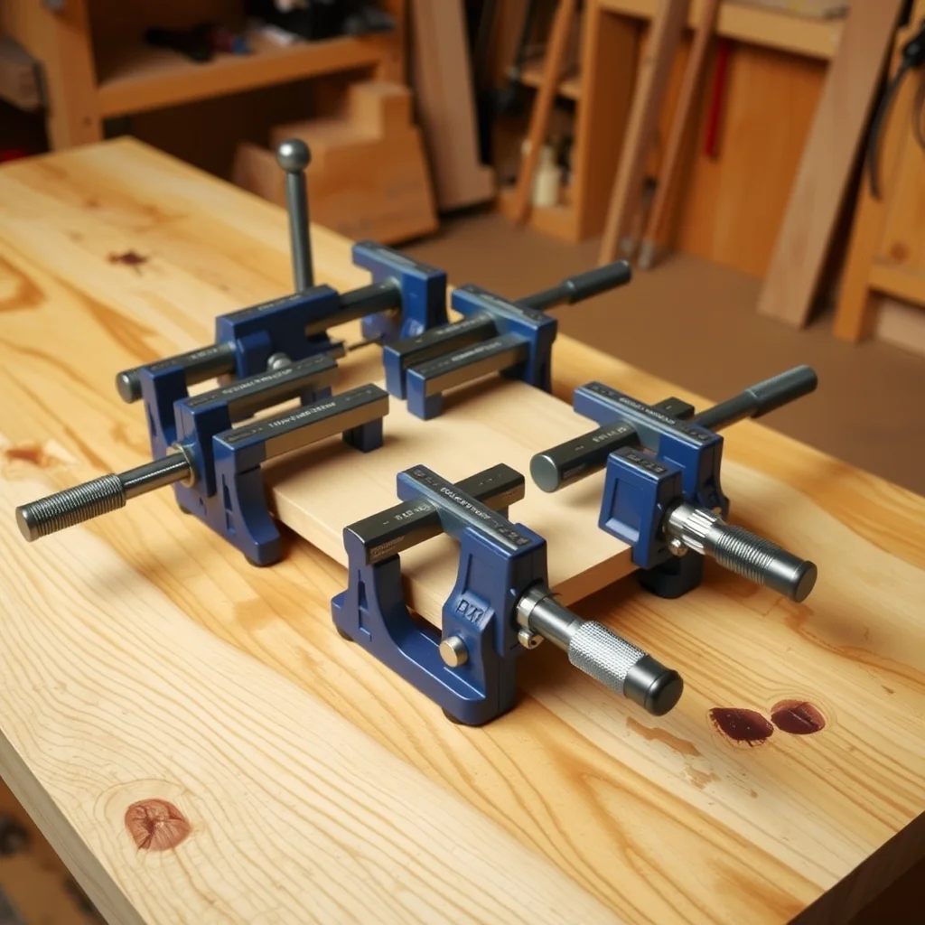 Set of woodworking bar clamps arranged on a workshop bench with glued panels, product photograph