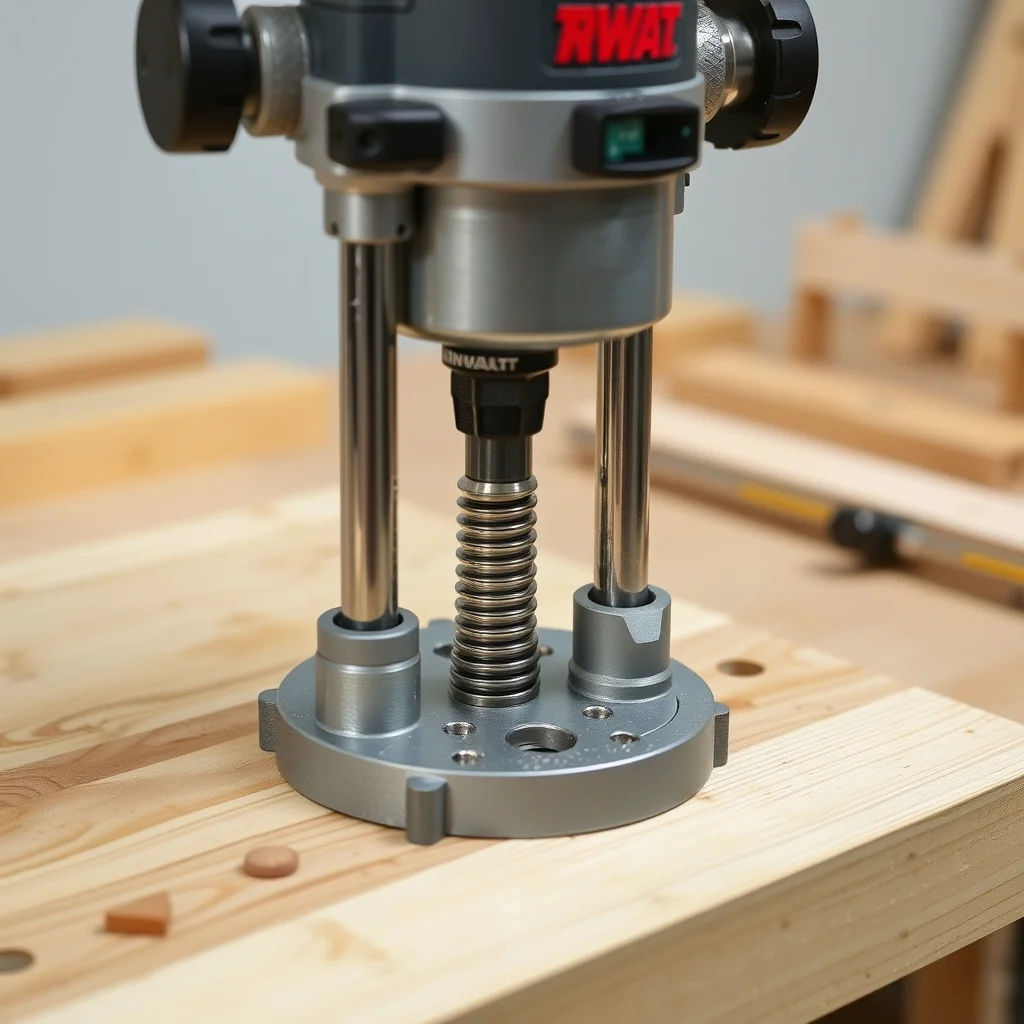 Full-size wood router with fixed base and set of carbide router bits on a workshop bench