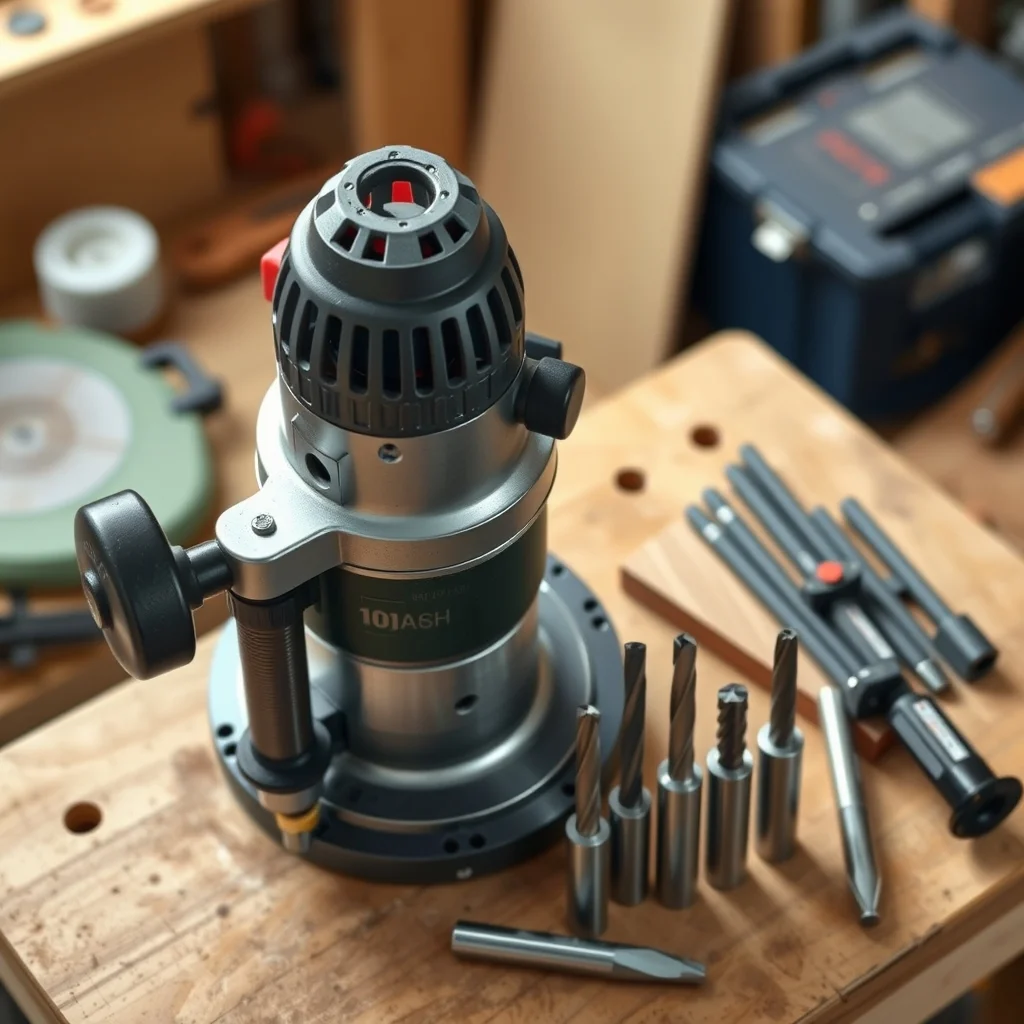 Wood router with plunge base on a woodworking bench with router bits, product photograph